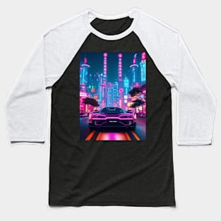 Dark Neon Sports Car in Asian Neon City Baseball T-Shirt